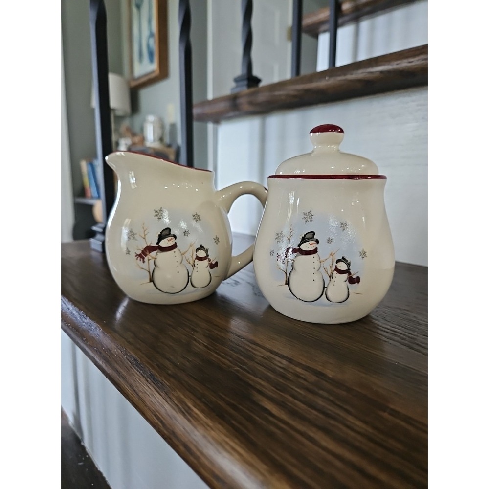 Royal Seasons Snowmen CREAM & COVERED SUGAR Stoneware Christmas Holiday Winter